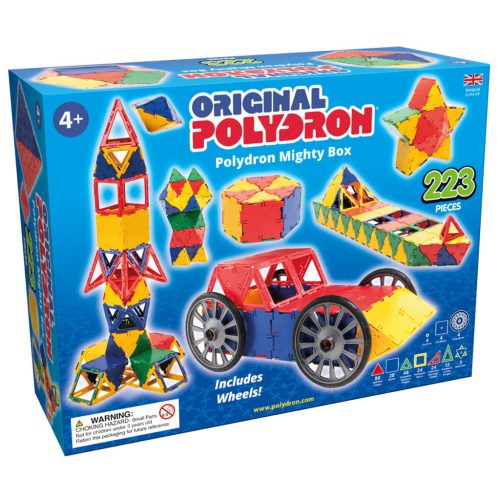 Set educativ de construcție geometrică cu roți, 223 piese – Original Polydron Mighty Box