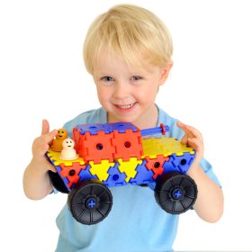   Set educativ de construcție cu vehicule și figurine, 124 piese – Junior Polydron