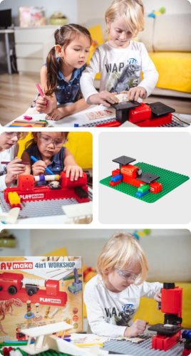 Set educațional complet PLAYmake 4-în-1 pentru copii 5+ – traforaj, strung, mini-bormașină și șlefuitor