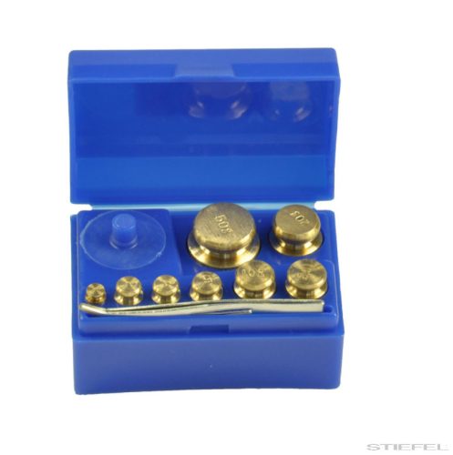 Set greutăți etalon 50 g din alamă pentru balanță mecanică, cu pensetă și cutie