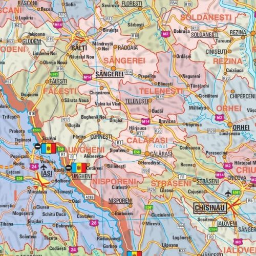 Hartă administrativă de perete România și Moldova  160x100 cm